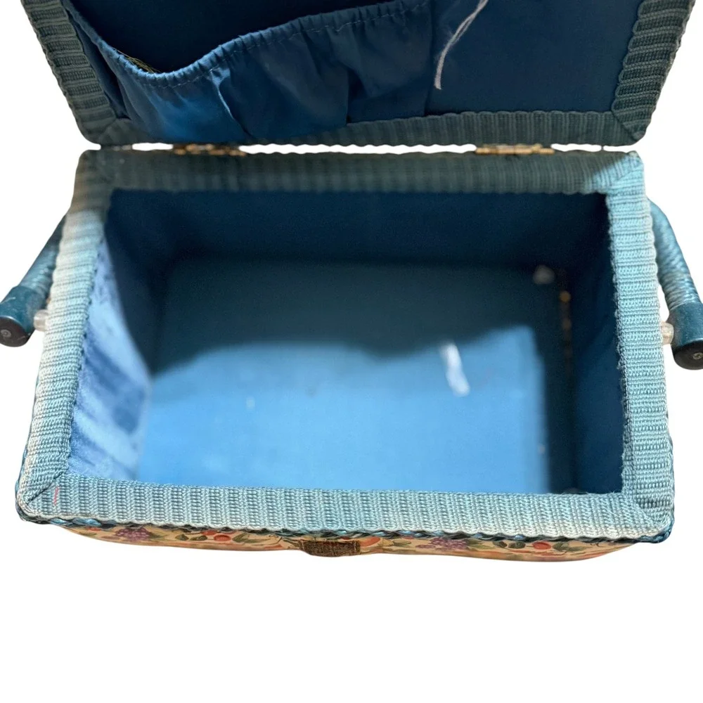 Vintage Fruit Print Sewing Basket Teal Wicker Trim Floral Craft Storage Box